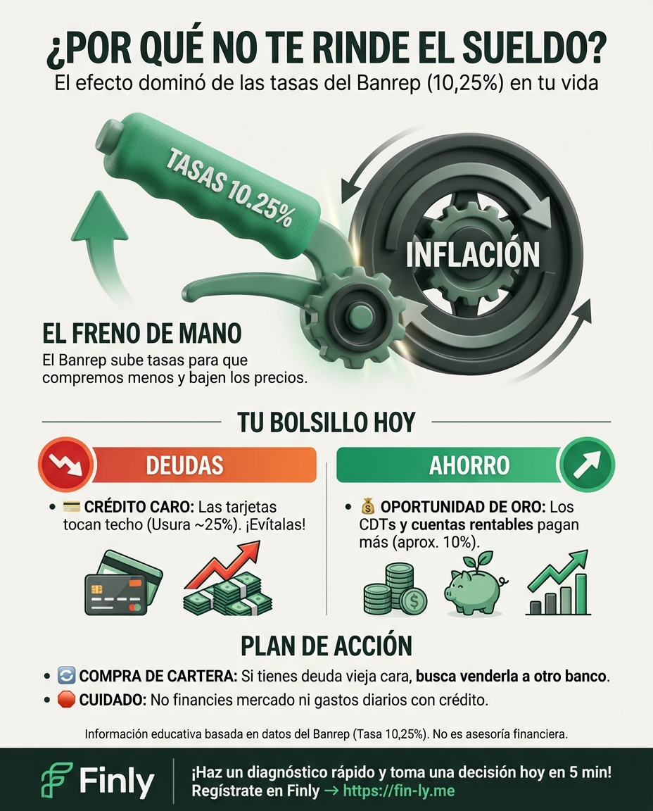 ¿Sientes que tu sueldo no rinde igual aunque ganes lo mismo? El Banco de la República ajusta las tasas para controlar los precios, lo que afecta directamente cuánto pagas por tus tarjetas y créditos. ¿Sabes si hoy te conviene más ahorrar en un CDT o salir de tus deudas antes de que suban? 🇨🇴💰