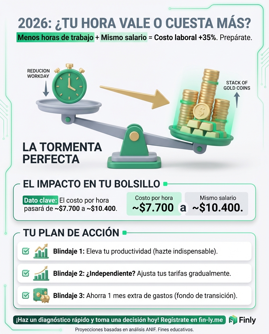 En 2026, el costo de tu hora de trabajo subirá casi un 35%, pero esto podría hacer que conseguir un buen empleo sea más difícil. Para el trabajador promedio, es como recibir un aumento que las empresas no pueden pagar, poniendo en duda tu estabilidad. ¿Sabes cómo blindar tus ingresos antes de que el mercado laboral se ajuste? 🇨🇴💰