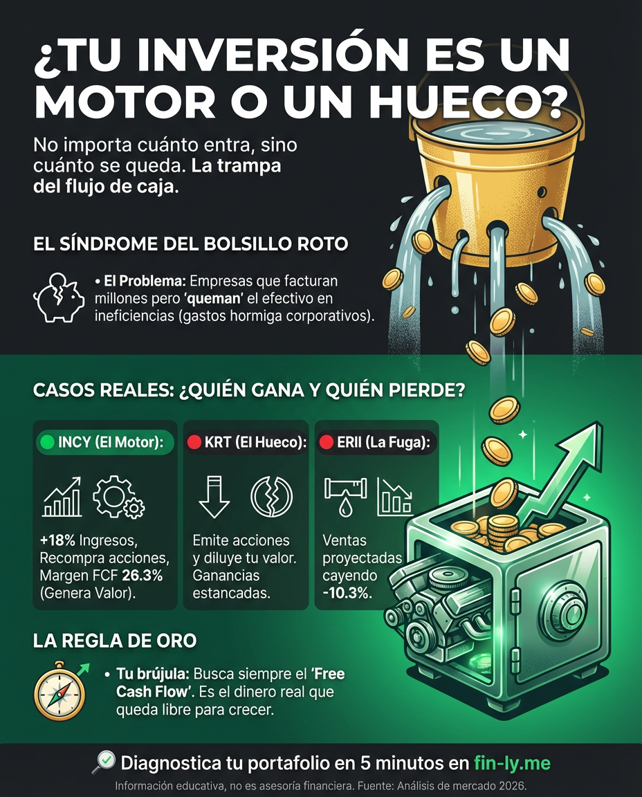 Hay empresas que facturan mucho pero valen poco porque malgastan su efectivo, igual que cuando ganas más pero tus gastos hormiga cancelan el aumento. Aprende a identificar quién sí genera valor real y quién solo está 'quemando' plata. ¿Sabes si tu inversión hoy es un motor o un hueco sin fondo? 💰📉