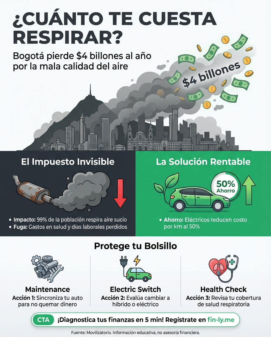 Respirar en Bogotá te está saliendo caro: la mala calidad del aire cuesta $4 billones al año en salud y productividad perdida. Es como pagar un impuesto invisible que drena tus ahorros y tu energía cada día. ¿Sabías que cambiar a tecnologías limpias podría reducir tus costos por kilómetro a la mitad? 📉🇨🇴
