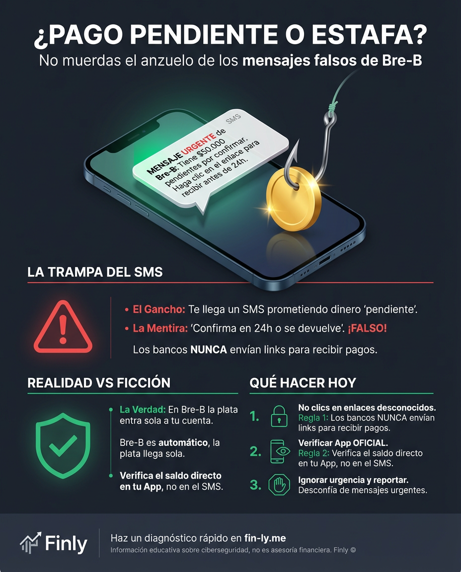 Imagina perder tus ahorros por un mensaje que promete dinero 'pendiente'. Esta estafa usa la urgencia para que entregues tus claves bajo presión, igual que cuando tomas una mala decisión financiera por afán. ¿Sabes distinguir un pago real de un anzuelo para vaciar tu cuenta? 🇨🇴💰