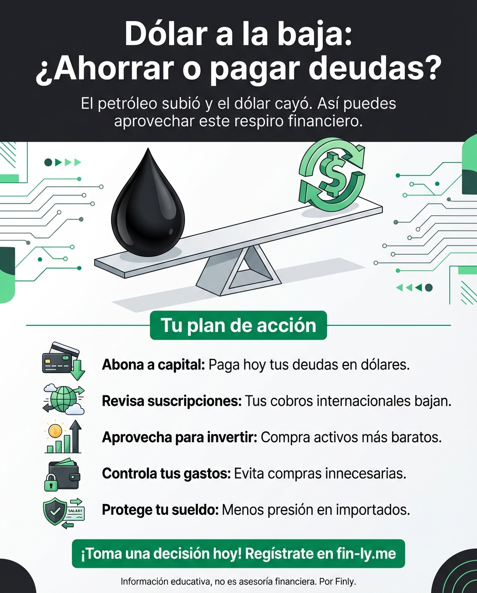 El petróleo sube y el dólar baja a $3.744, dándote un respiro si tienes deudas en divisas o planeas compras online. Es como cuando bajan los intereses justo antes de tu pago: una oportunidad de oro para ahorrar. ¿Vas a usar este alivio para abonar a capital o dejarás que el gasto hormiga se lo lleve? 📉💰
