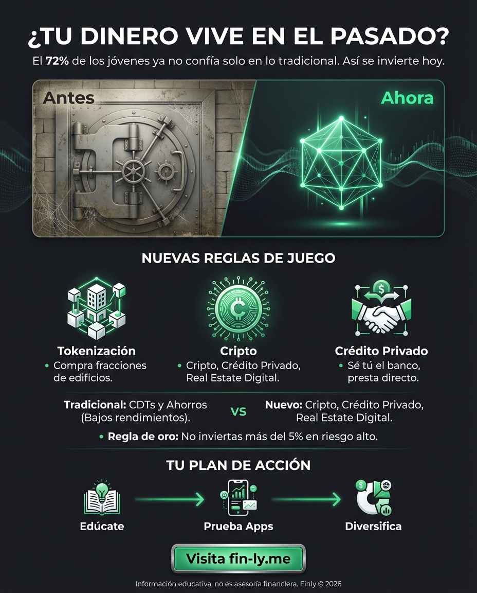 Los jóvenes ya no creen que las acciones y bonos tradicionales sean suficientes para progresar. Si sientes que ahorrar en lo de siempre no te rinde, no estás solo: la nueva tendencia es buscar rentabilidad en cripto y créditos privados. ¿Te vas a quedar con lo tradicional o vas a diversificar? 💰🇨🇴