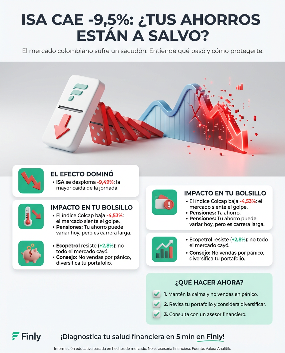 La acción de ISA se desploma casi un 10% y arrastra la confianza del mercado local. Es como cuando una mala decisión en el pasado te pasa factura hoy, afectando tu capacidad de reaccionar. ¿Estás preparado para que tus inversiones aguanten un sacudón así? 📉🇨🇴