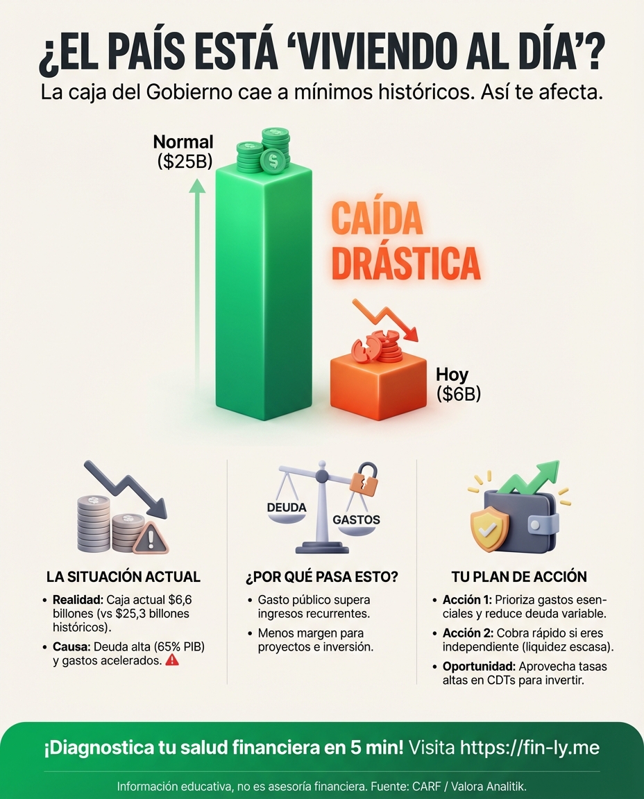 El Gobierno tiene hoy su caja en mínimos, como cuando te quedas sin efectivo antes de la quincena. Es el reflejo de una billetera nacional apretada por deudas récord y gastos que no dan tregua. ¿Qué pasa con tus ahorros cuando el país que los respalda vive al límite? 📉🇨🇴