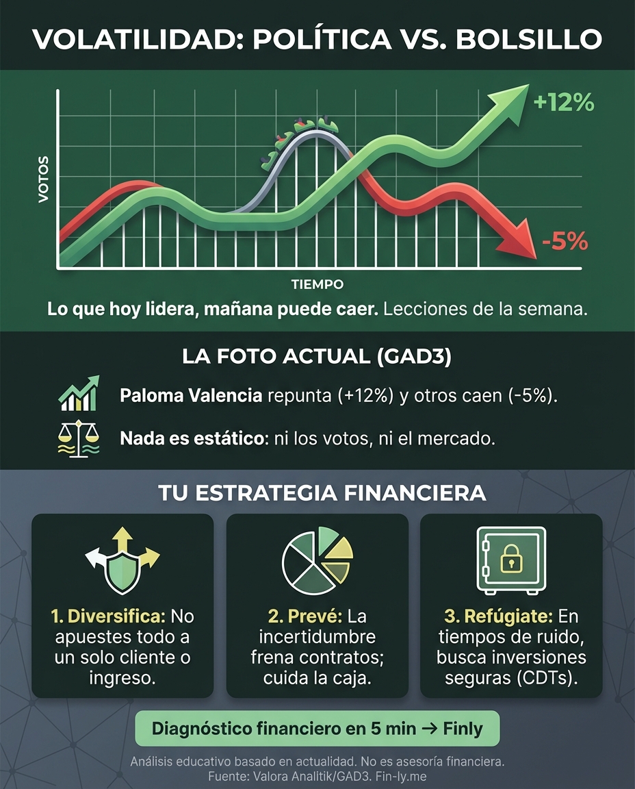 Como en tus finanzas, la política colombiana muestra que lo que hoy es líder mañana puede caer si no se gestiona bien. Paloma Valencia sube 12 puntos mientras otros pierden terreno por falta de conexión. ¿Estás diversificando tus opciones o apostando todo a un solo movimiento que podría fallar? 🇨🇴