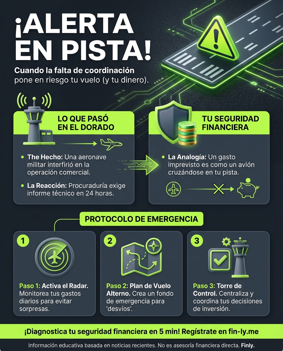 Un incidente militar en El Dorado puso en riesgo vuelos comerciales y la Procuraduría exige respuestas. Es como cuando un gasto inesperado bloquea tus metas: la falta de coordinación destruye la seguridad. ¿Está tu plan financiero blindado contra interferencias externas? 🇨🇴✈️