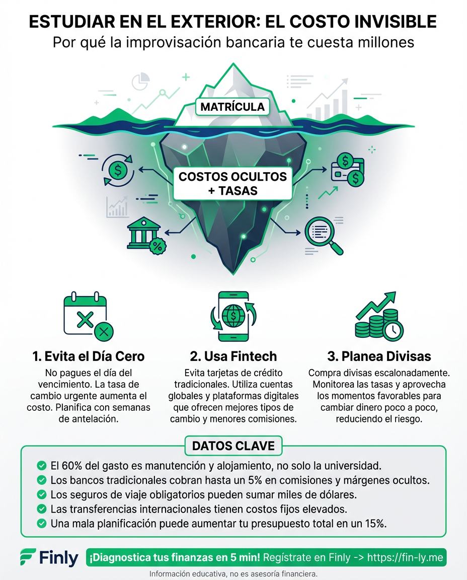 Pagar tu matrícula en el exterior el mismo día del vencimiento es como comprar tiquetes en temporada alta: te sale carísimo por las comisiones ocultas y la tasa de cambio. Planear tus divisas con tiempo puede ahorrarte millones de pesos en 'costos invisibles'. ¿Tu presupuesto es real o se lo están comiendo los bancos? 🇨🇴💰