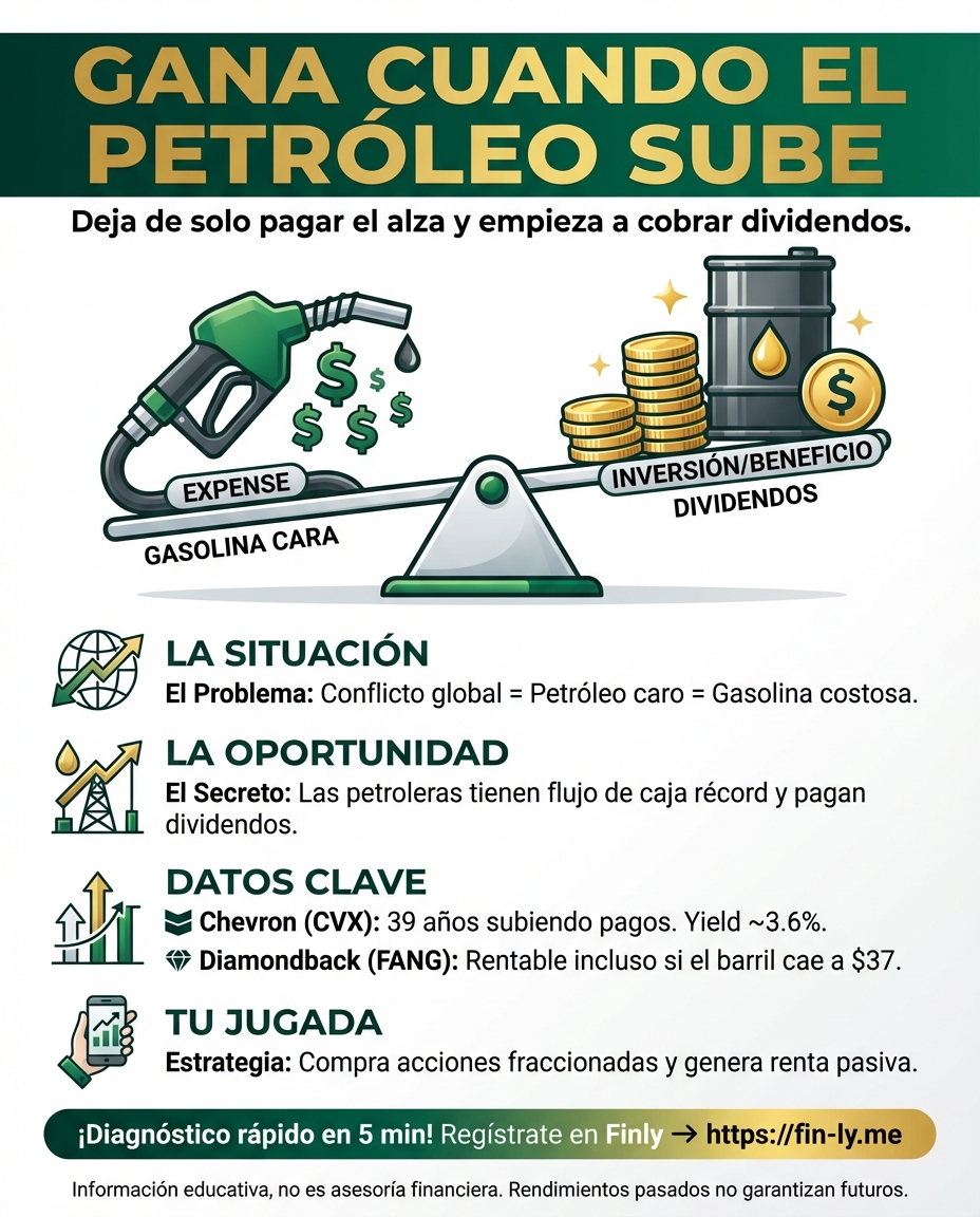 Cuando el petróleo sube por conflictos externos, tu bolsillo siente el golpe en la gasolina, pero otros están cobrando dividendos. Es como ver subir el arriendo sin ser el dueño de la casa. ¿Sabes cómo pasar de solo pagar el alza a recibir una parte de esas ganancias? 💰🇨🇴