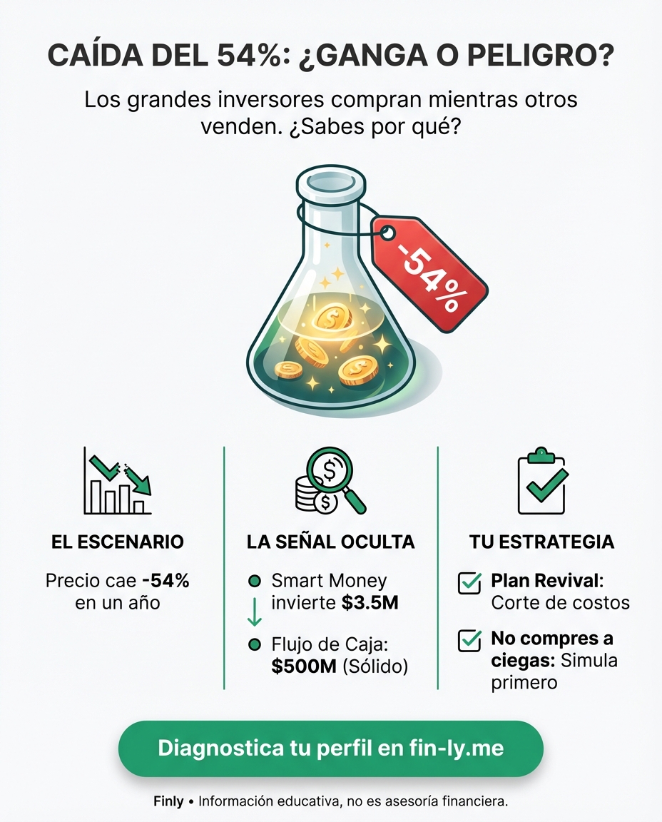 Una empresa líder cae 54% y los grandes inversores están comprando barato mientras otros huyen. Es como cuando ves una oferta increíble en el mercado pero te da miedo que el producto esté dañado. ¿Sabes distinguir una oportunidad real de una trampa que acabará con tus ahorros? 📉💰🇨🇴