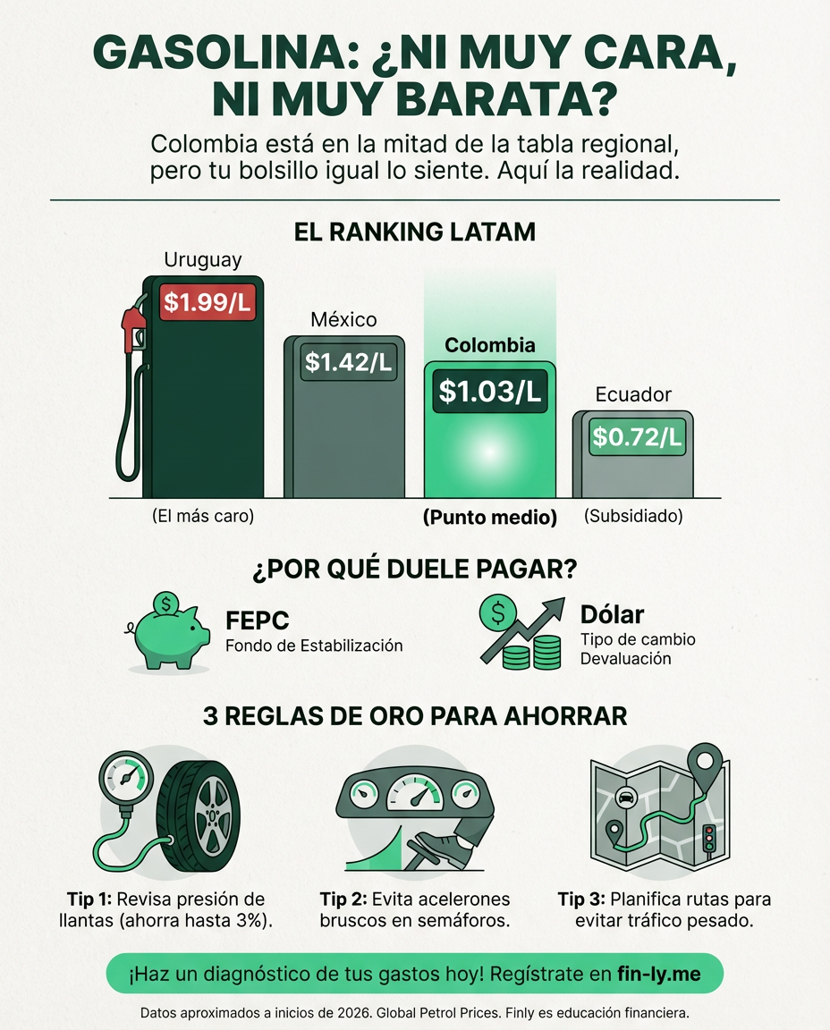 Aunque la gasolina en Colombia es más barata que en Uruguay o Chile, el gasto sigue apretando tu bolsillo diario. Es como cuando recibes un descuento pero igual no te alcanza para el ahorro porque otros costos suben. ¿Sabrás ajustar tu presupuesto si el precio realmente empieza a bajar? 🇨🇴💰