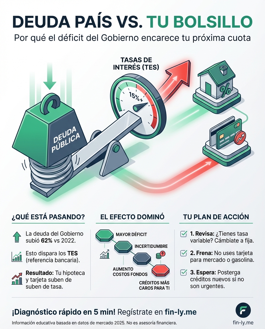 La deuda del país se disparó y eso está encareciendo tus créditos de vivienda y consumo. Es lo que sientes cuando tus deudas crecen más rápido que tu sueldo, dejándote sin margen de maniobra. ¿Sabes cómo proteger tu bolsillo antes de que las tasas suban aún más? 🇨🇴📉