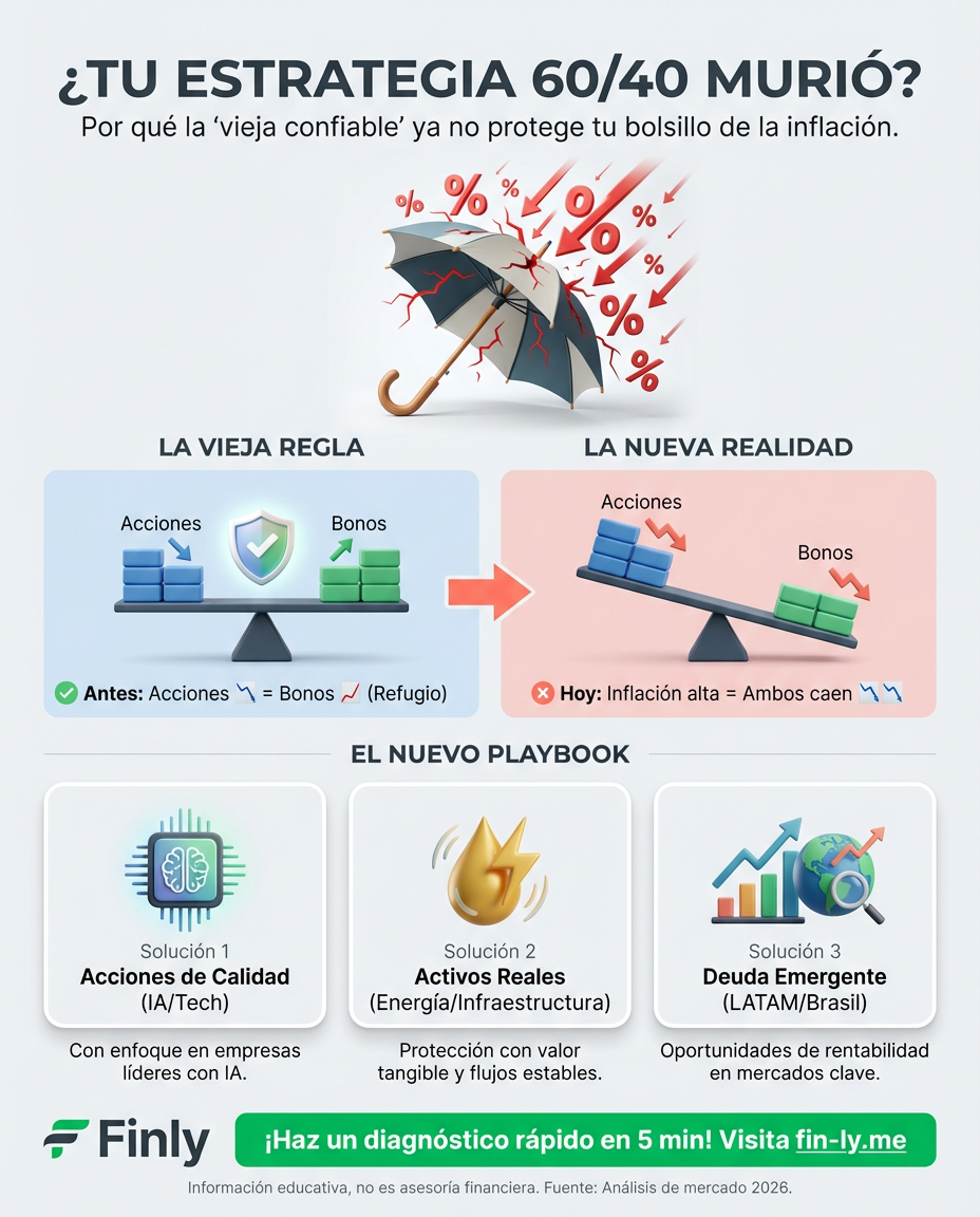 La vieja fórmula de ahorrar 60% en acciones y 40% en bonos ya no protege tu bolsillo como antes. Es como creer que tu sueldo alcanza igual que hace cinco años mientras la inflación devora tus ahorros. ¿Sabes cómo ajustar tu estrategia antes de que tu plan de retiro pierda el rumbo? 🇨🇴📉
