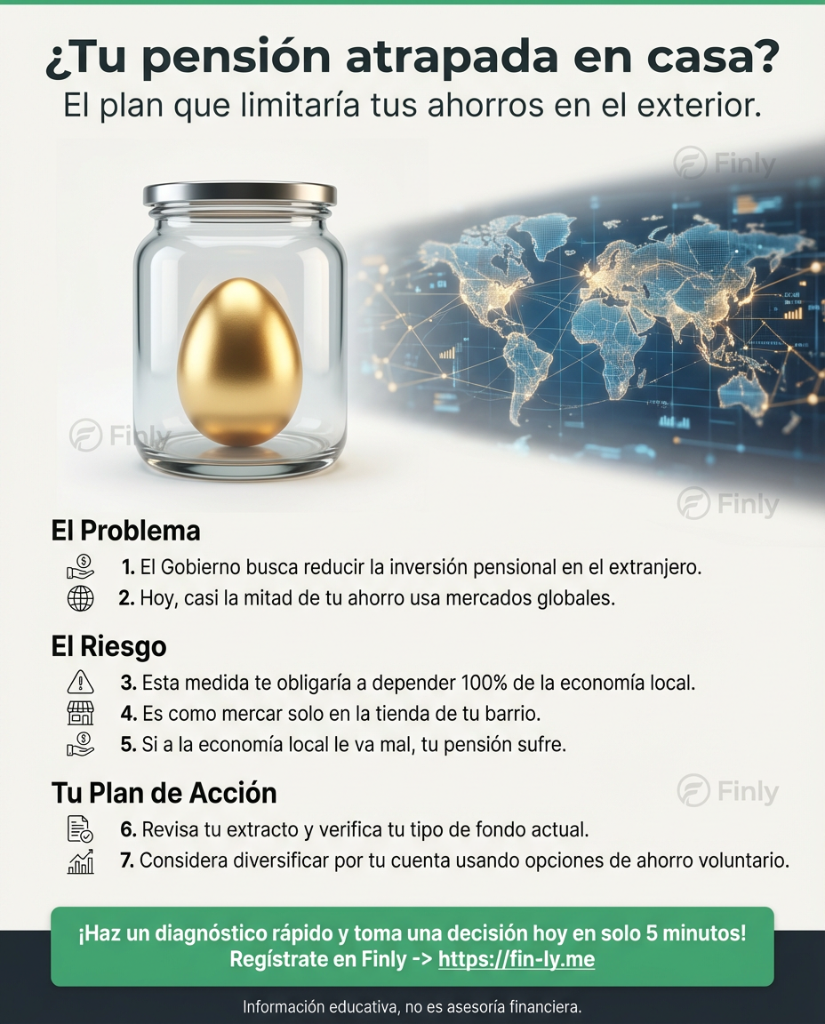 El Gobierno planea limitar cuánto de tu pensión se invierte fuera del país, obligándote a depender casi solo de la economía local. Es como si te dijeran que solo puedes mercar en la tienda del barrio: si a la tienda le va mal, a tu cena también. ¿Estamos listos para que nuestro futuro dependa solo de lo que pase aquí? 🇨🇴💰
