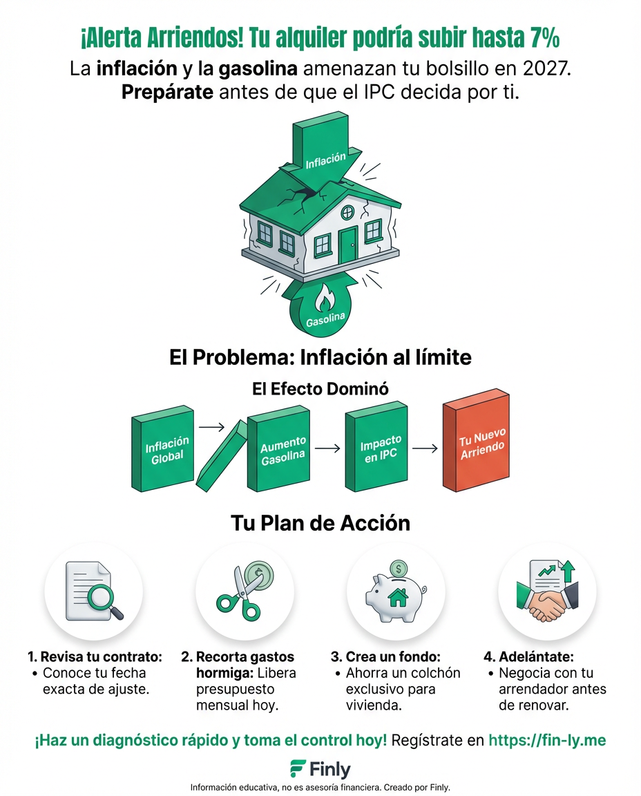 Si sientes que tu sueldo no estira, prepárate: el alza en gasolina e inflación amenaza con subir tu arriendo hasta un 7% en 2027. Es el golpe de gracia para el presupuesto del Adulto Presión que ya vive al límite. ¿Cómo ajustarás tus gastos fijos antes de que el IPC decida por ti? 🏠💰